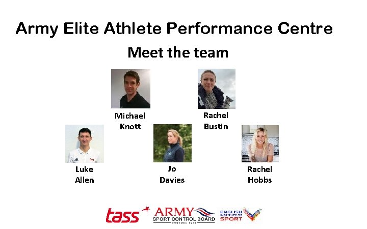 Army Elite Athlete Performance Centre Meet the team Rachel Bustin Michael Knott Luke Allen
