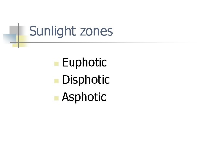 Sunlight zones Euphotic n Disphotic n Asphotic n 