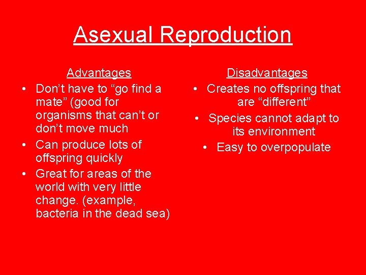 Asexual Reproduction Advantages • Don’t have to “go find a mate” (good for organisms