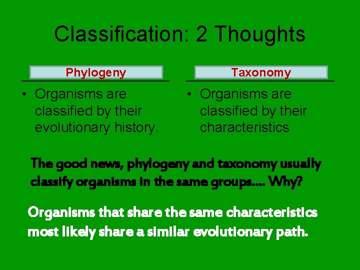 Classification: 2 Thoughts Phylogeny __________ • Organisms are classified by their evolutionary history. Taxonomy