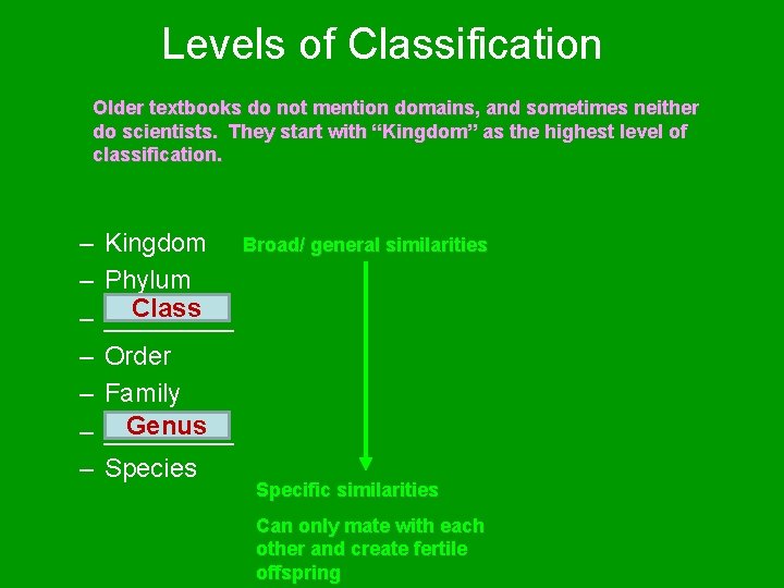 Levels of Classification Older textbooks do not mention domains, and sometimes neither do scientists.