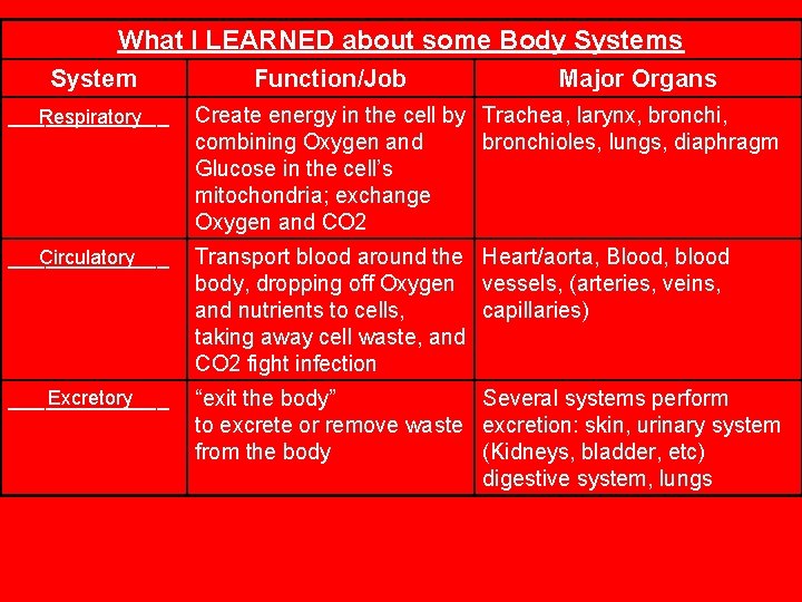 What I LEARNED about some Body Systems System Function/Job Major Organs _______ Respiratory Create