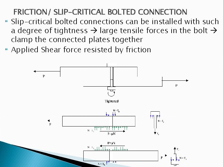 FRICTION/ SLIP-CRITICAL BOLTED CONNECTION Slip-critical bolted connections can be installed with such a