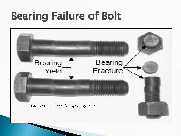 Bearing Failure of Bolt Photo by P. S. Green (Copyright© AISC) 54 