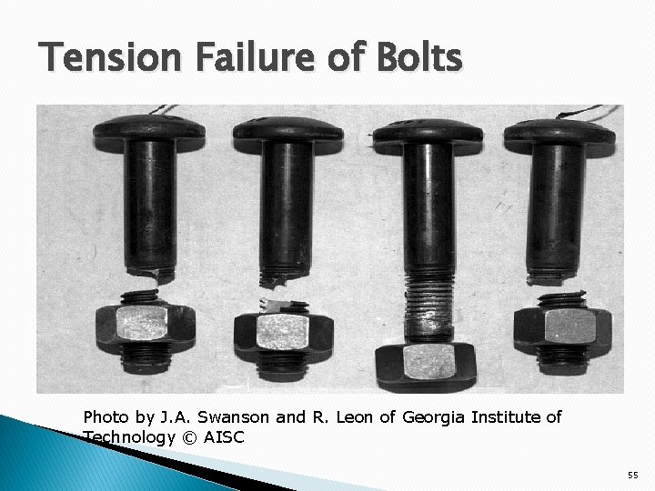 Tension Failure of Bolts Photo by J. A. Swanson and R. Leon of Georgia