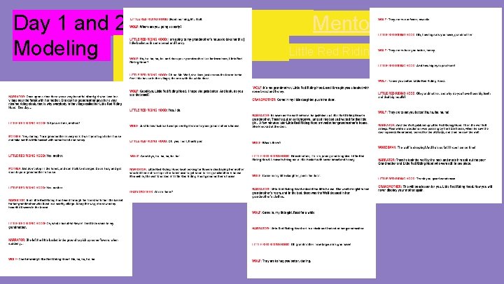 Day 1 and 2 Modeling Mentor Text: Little Red Riding Hood 