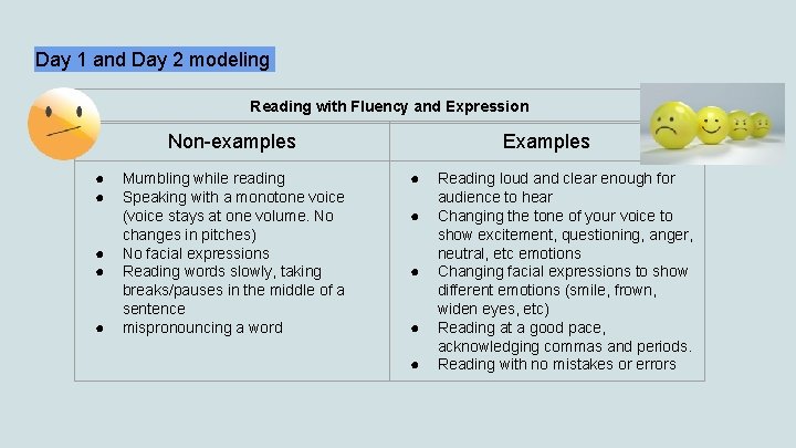 Day 1 and Day 2 modeling Reading with Fluency and Expression Non-examples ● ●
