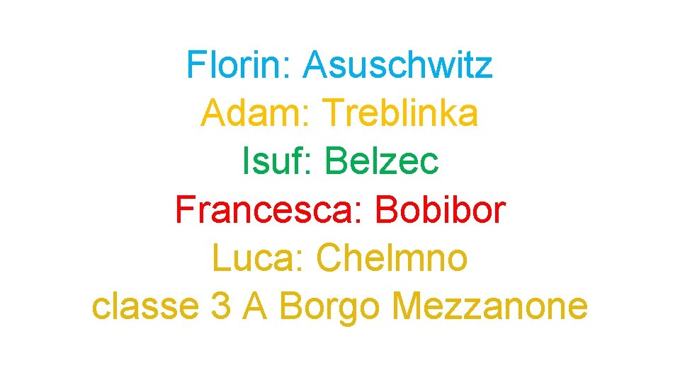 Florin: Asuschwitz Adam: Treblinka Isuf: Belzec Francesca: Bobibor Luca: Chelmno classe 3 A Borgo