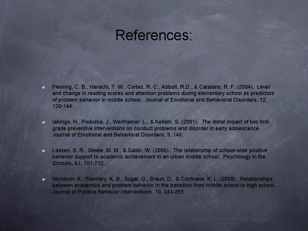 References: Fleming, C. B. , Harachi, T. W. , Cortes, R. C. , Abbott, References: Fleming, C. B. , Harachi, T. W. , Cortes, R. C. , Abbott,