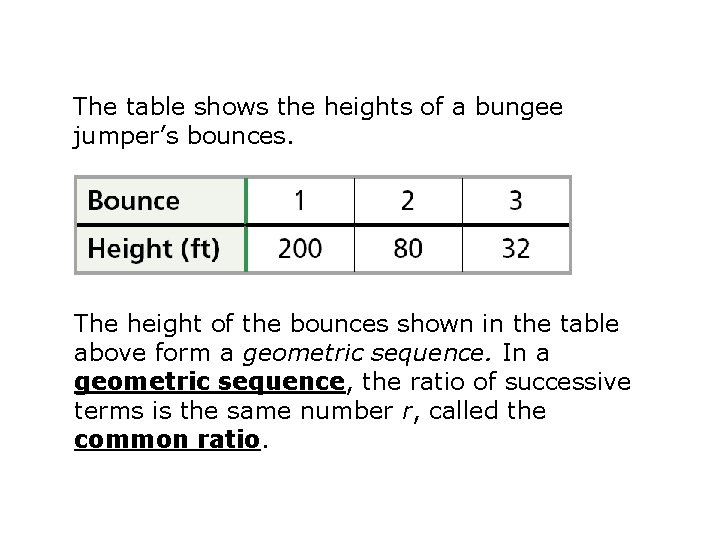 The table shows the heights of a bungee jumper’s bounces. The height of the