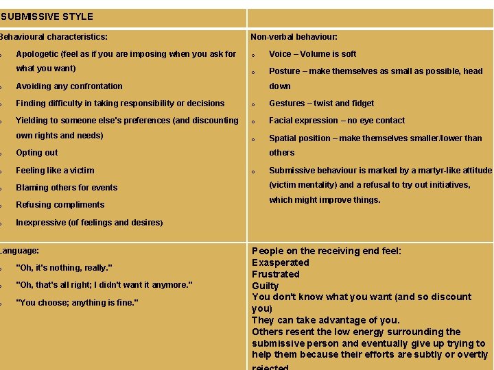 SUBMISSIVE STYLE Behavioural characteristics: o Non-verbal behaviour: Apologetic (feel as if you are imposing