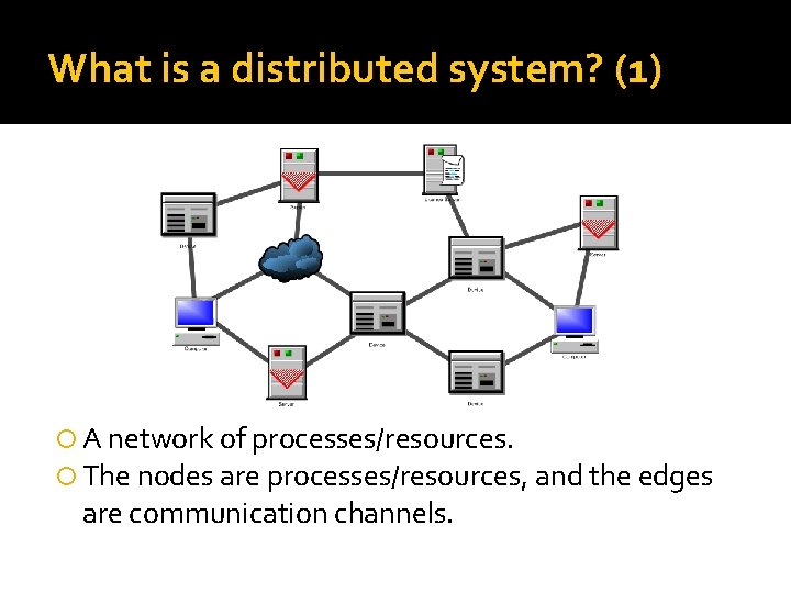 What is a distributed system? (1) A network of processes/resources. The nodes are processes/resources,