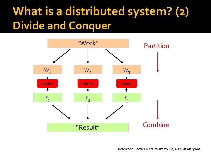 What is a distributed system? (2) Divide and Conquer “Work” Partition w 1 w