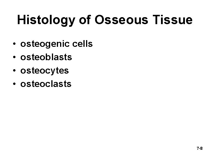 Histology of Osseous Tissue • • osteogenic cells osteoblasts osteocytes osteoclasts 7 -8 