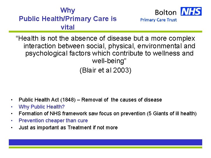 Why Public Health/Primary Care is vital “Health is not the absence of disease but