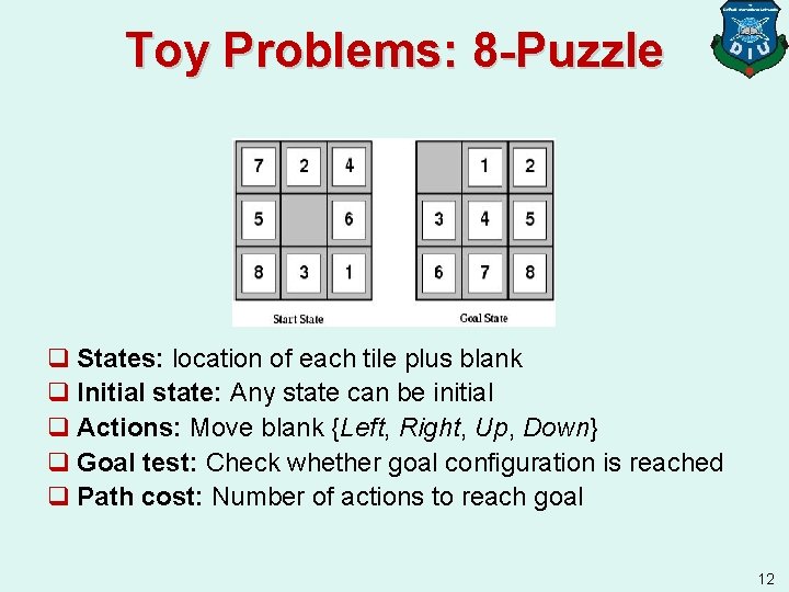 Toy Problems: 8 -Puzzle q States: location of each tile plus blank q Initial