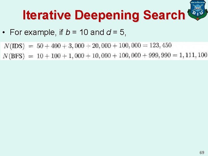 Iterative Deepening Search • For example, if b = 10 and d = 5,