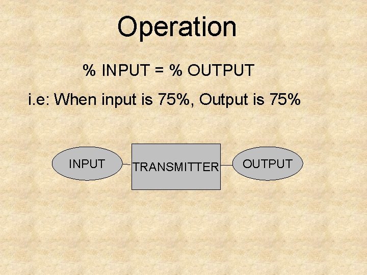 Operation % INPUT = % OUTPUT i. e: When input is 75%, Output is