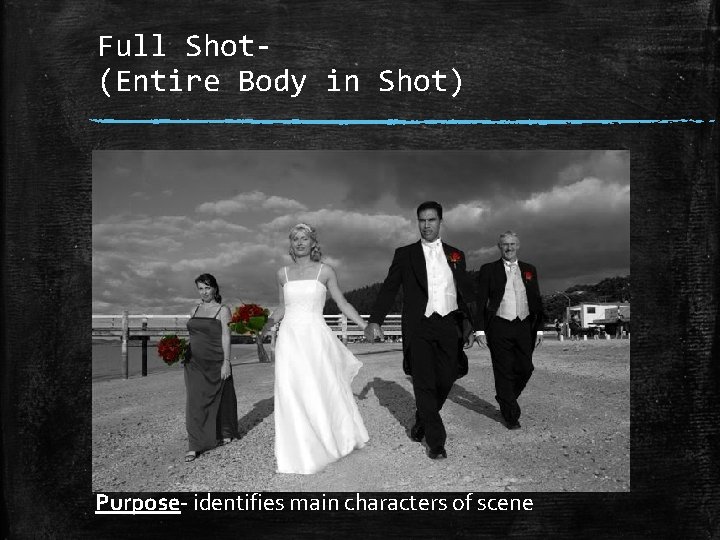 Full Shot(Entire Body in Shot) Purpose identifies main characters of scene 