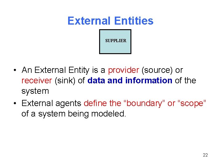 External Entities SUPPLIER • An External Entity is a provider (source) or receiver (sink)
