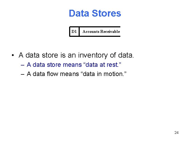 Data Stores D 1 Accounts Receivable • A data store is an inventory of