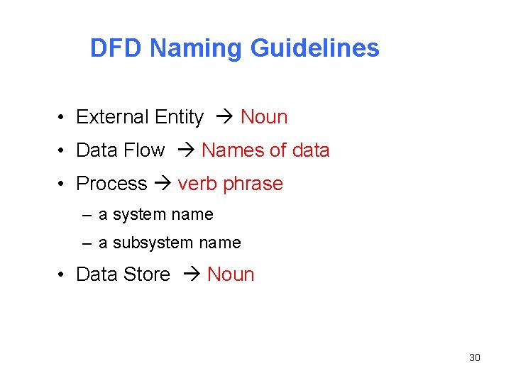 DFD Naming Guidelines • External Entity Noun • Data Flow Names of data •
