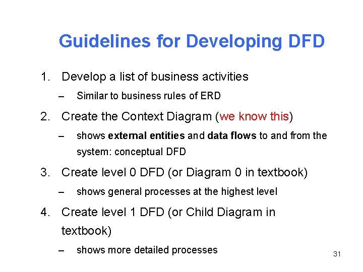 Guidelines for Developing DFD 1. Develop a list of business activities – Similar to