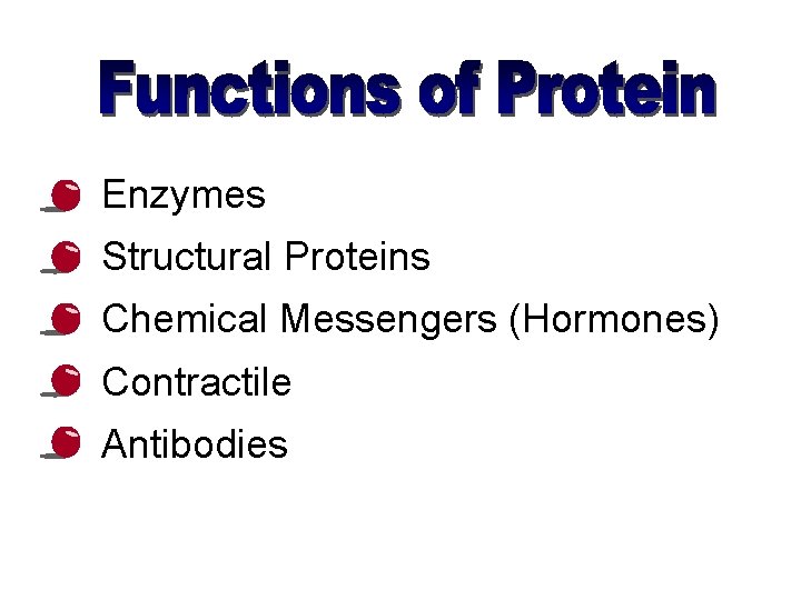  • Enzymes • Structural Proteins • Chemical Messengers (Hormones) • Contractile • Antibodies