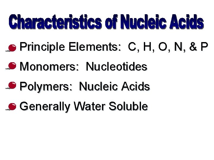 Principle Elements: C, H, O, N, & P Monomers: Nucleotides Polymers: Nucleic Acids Generally