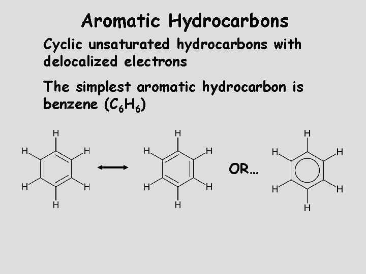 Aromatic Hydrocarbons Cyclic unsaturated hydrocarbons with delocalized electrons The simplest aromatic hydrocarbon is benzene Aromatic Hydrocarbons Cyclic unsaturated hydrocarbons with delocalized electrons The simplest aromatic hydrocarbon is benzene