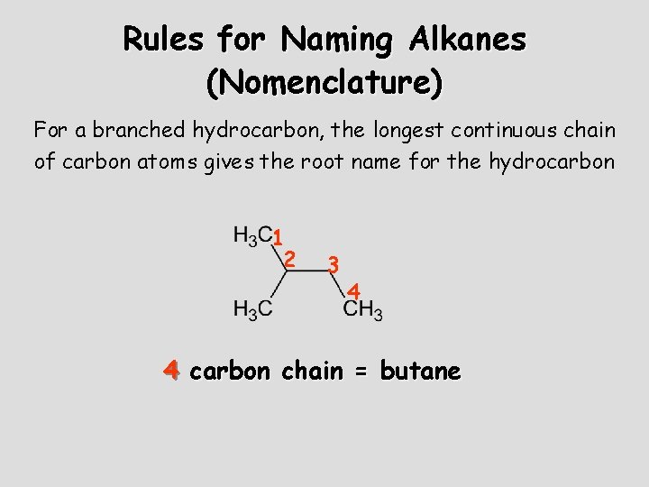 Rules for Naming Alkanes (Nomenclature) For a branched hydrocarbon, the longest continuous chain of Rules for Naming Alkanes (Nomenclature) For a branched hydrocarbon, the longest continuous chain of