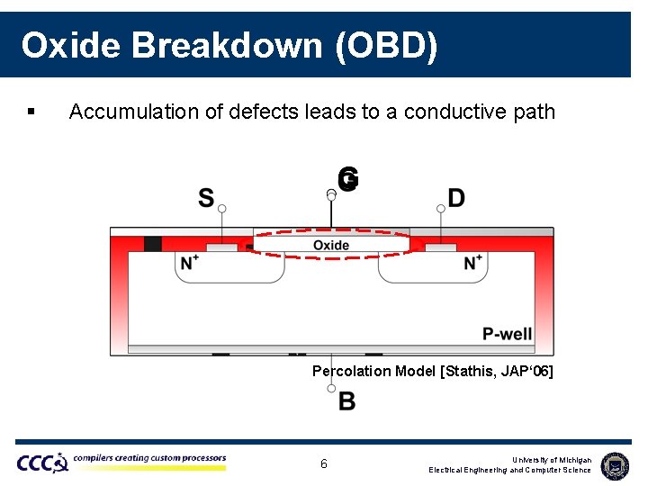 Oxide Breakdown (OBD) § Accumulation of defects leads to a conductive path Percolation Model