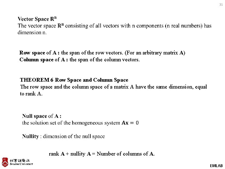 31 Row space of A : the span of the row vectors. (For an