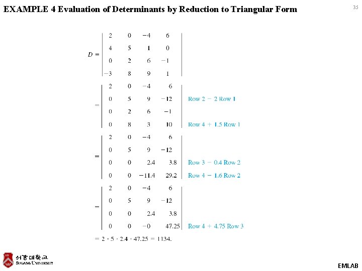 EXAMPLE 4 Evaluation of Determinants by Reduction to Triangular Form 35 EMLAB 