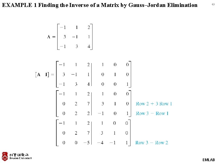 EXAMPLE 1 Finding the Inverse of a Matrix by Gauss–Jordan Elimination 49 EMLAB 