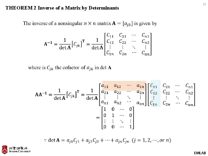 THEOREM 2 Inverse of a Matrix by Determinants 51 EMLAB 