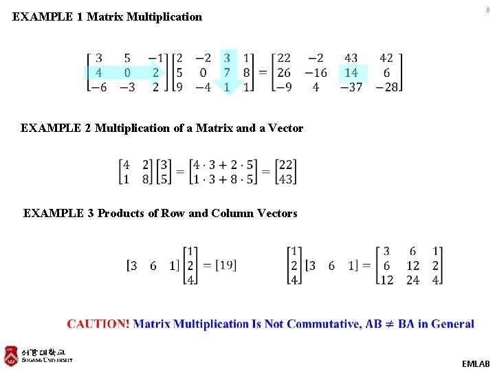 EXAMPLE 1 Matrix Multiplication 8 EXAMPLE 2 Multiplication of a Matrix and a Vector
