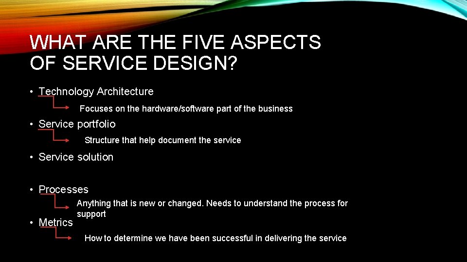 WHAT ARE THE FIVE ASPECTS OF SERVICE DESIGN? • Technology Architecture Focuses on the