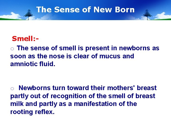 The Sense of New Born Smell: o The sense of smell is present in