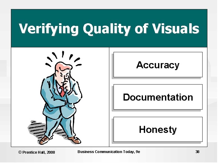 Verifying Quality of Visuals Accuracy Documentation Honesty © Prentice Hall, 2008 Business Communication Today, Verifying Quality of Visuals Accuracy Documentation Honesty © Prentice Hall, 2008 Business Communication Today,