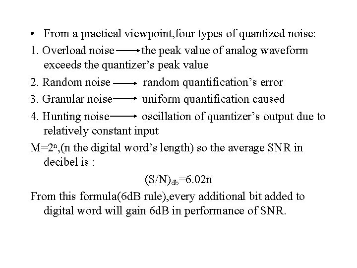  • From a practical viewpoint, four types of quantized noise: 1. Overload noise
