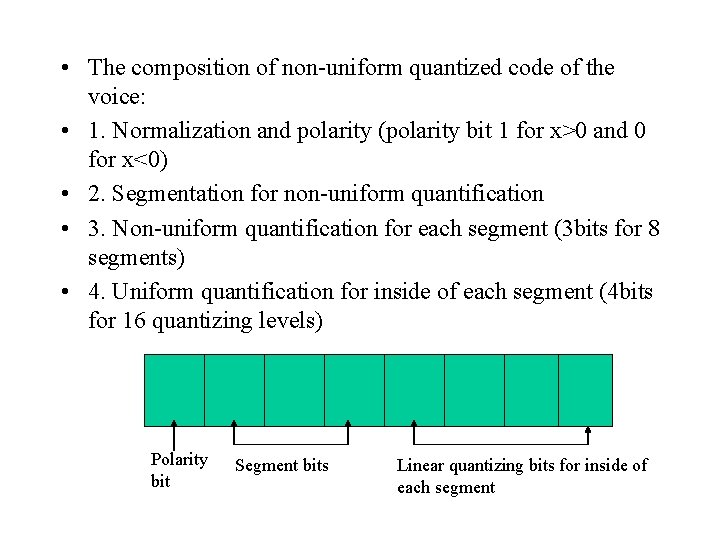  • The composition of non-uniform quantized code of the voice: • 1. Normalization