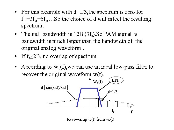  • For this example with d=1/3, the spectrum is zero for f=± 3