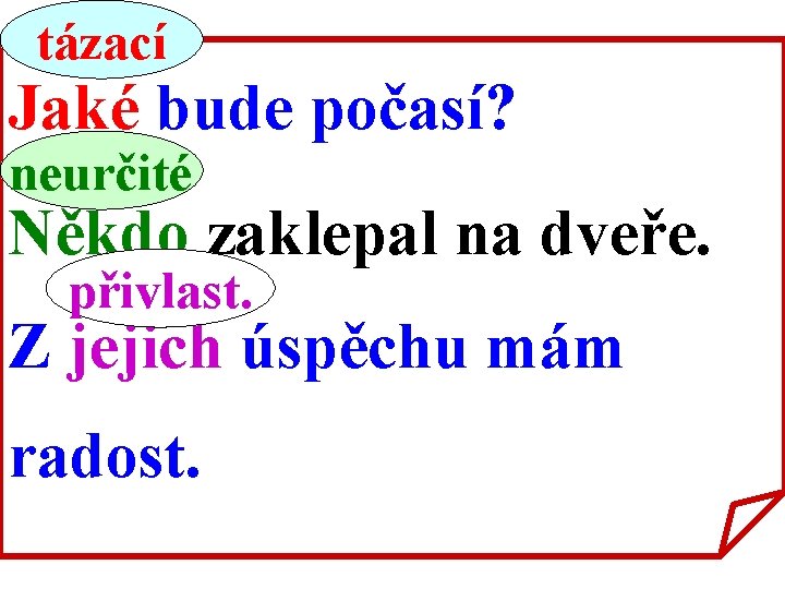 tázací Jaké bude počasí? neurčité Někdo zaklepal na dveře. přivlast. Z jejich úspěchu mám