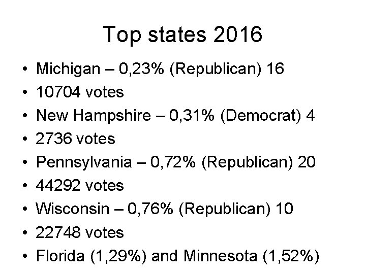 Top states 2016 • • • Michigan – 0, 23% (Republican) 16 10704 votes