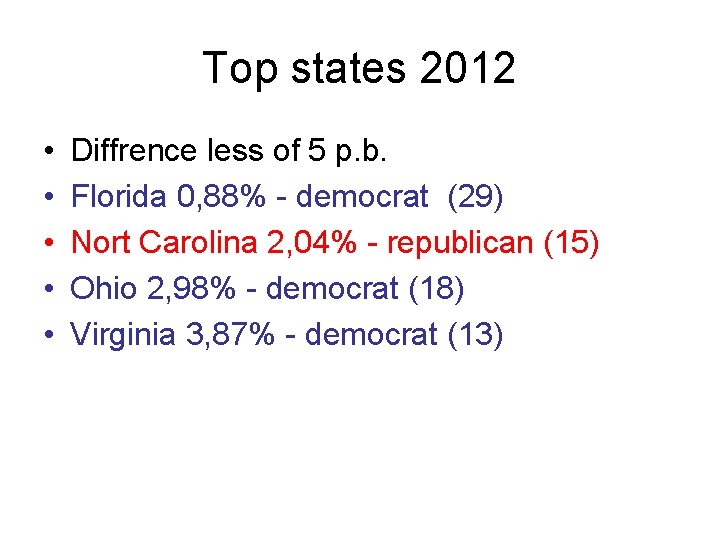 Top states 2012 • • • Diffrence less of 5 p. b. Florida 0,