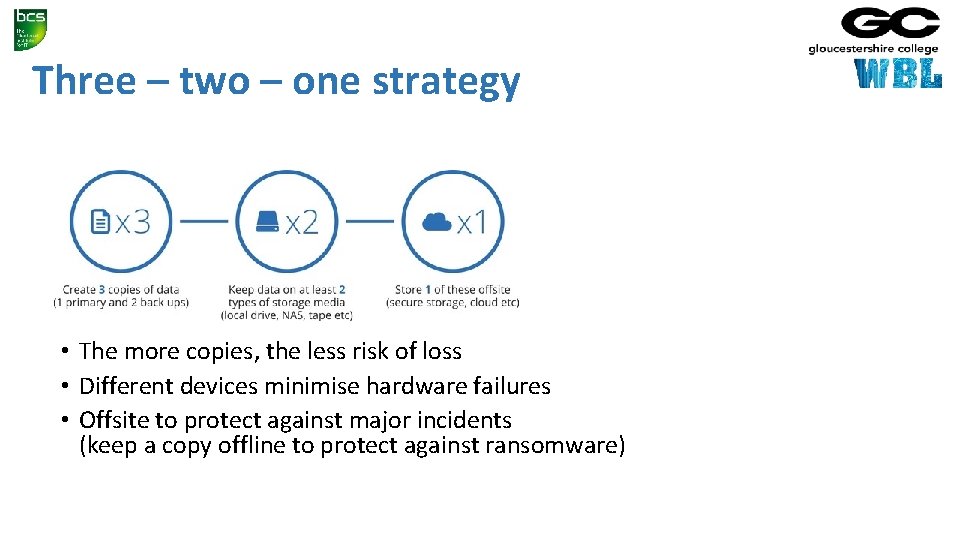 Three – two – one strategy • The more copies, the less risk of