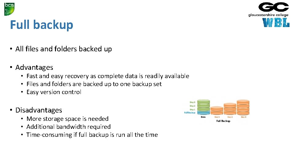 Full backup • All files and folders backed up • Advantages • Fast and