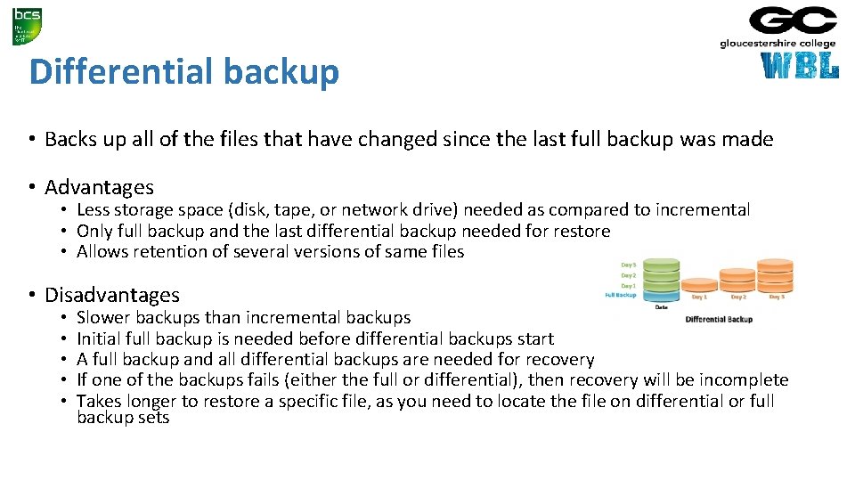 Differential backup • Backs up all of the files that have changed since the