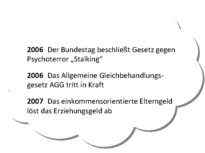 2006 Der Bundestag beschließt Gesetz gegen Psychoterror „Stalking“ 2006 Das Allgemeine Gleichbehandlungsgesetz AGG tritt